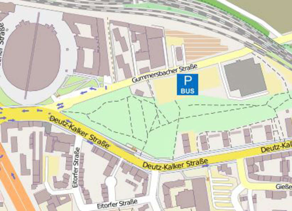 Stadtplanauszug mit dem Symbol für den Busparkplatz P5 - Gummersbacher Straße