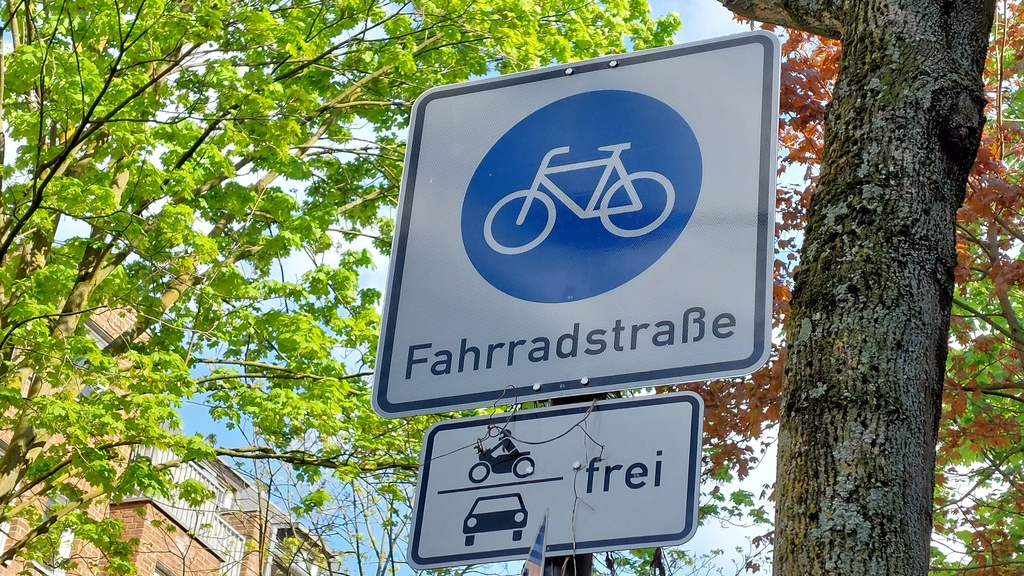 Verkehrsschild Fahrradstraße darunter hängt ein kleineres Schild mit dem Zusatz Kraftfahrzeuge frei