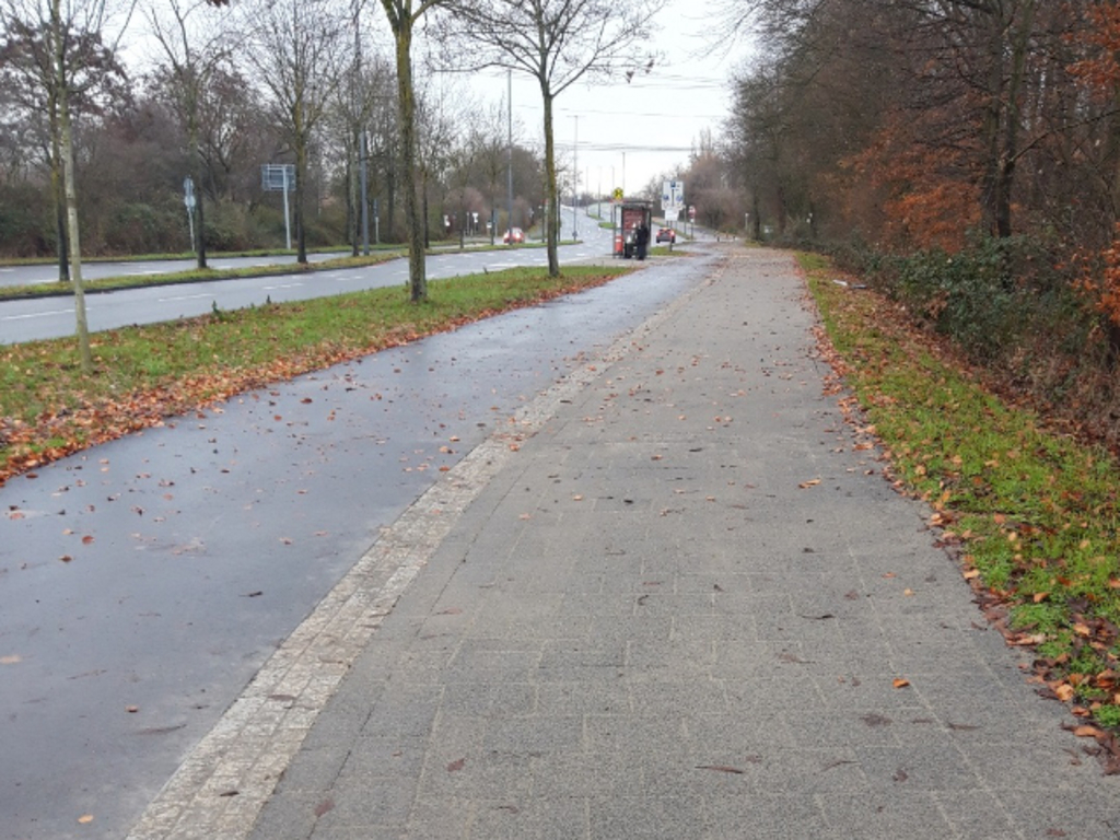 Sanierter Gehweg mit taktilem Streifen zum Radweg, weit hinten die umgebaute Bushaltestelle