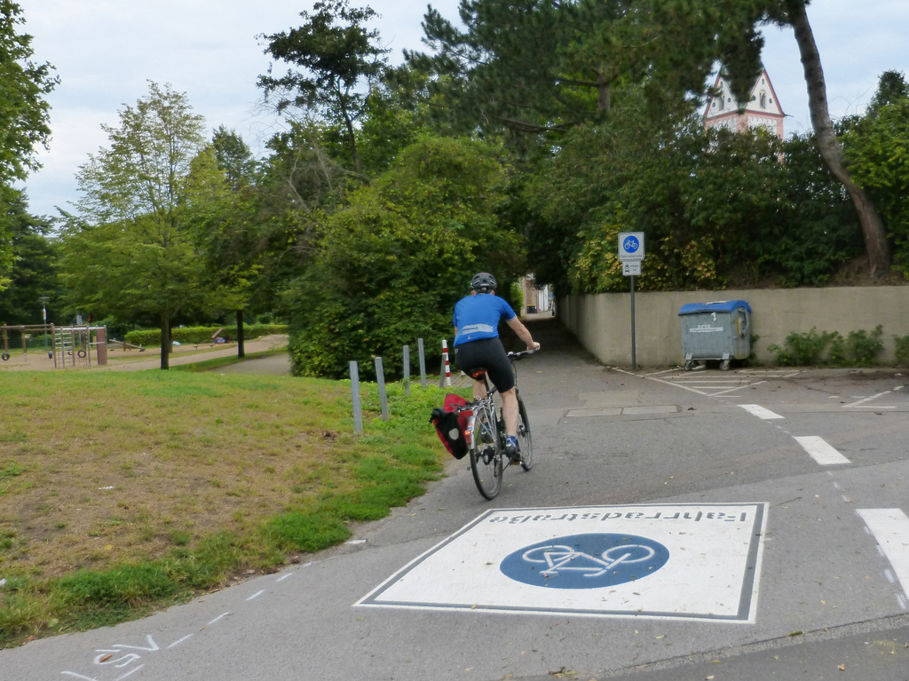 Ein Radfahrer fährt auf einem Straßenabschnitt, welcher als Fahrradstraße markiert ist.