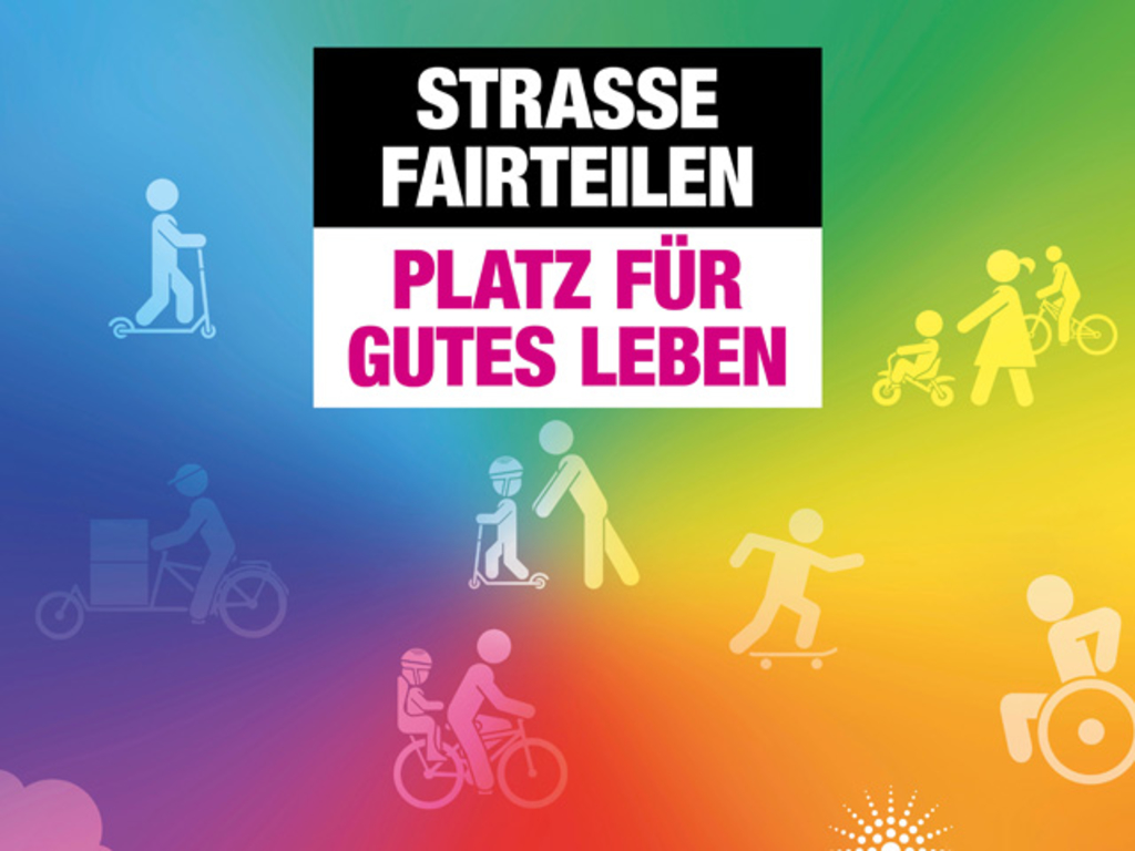 Illustration von Personen mit Lastenrad, Roller, Skateboard, Rollstuhl und dem Schriftzug Straße fairteilen - Platz für gutes Leben