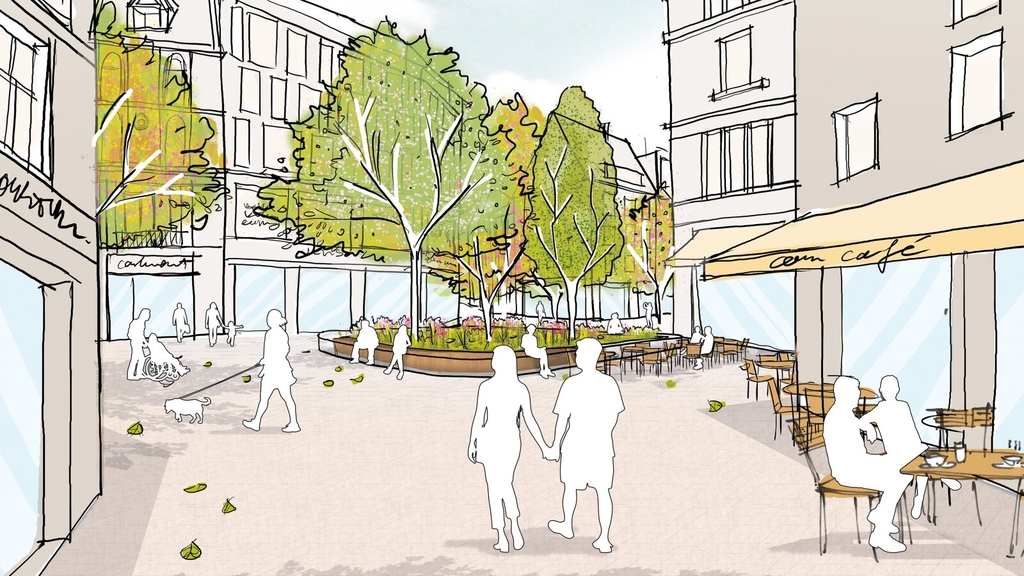 Visualisierung der geplanten Neugestaltung der Ecke Ehrenstraße/Pfeilstraße. Zu sehen sind viele flanierende Fußgänger*innen, viele Sitzgelegenheiten und eine grüßne Platzfläche mit umherlaufender Sitzbank.