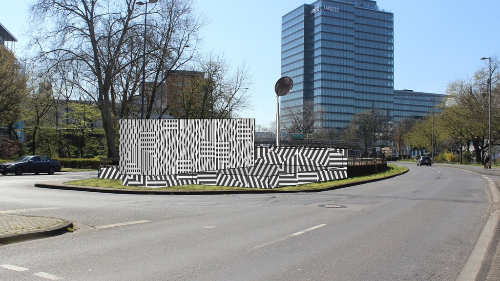 Darstellung der geplanten Rampe an der Mindener Straße. Die Rampe liegt in der Mitte der Straße und ist mit einem schwarz-weißen Tarnmuster verkleidet.