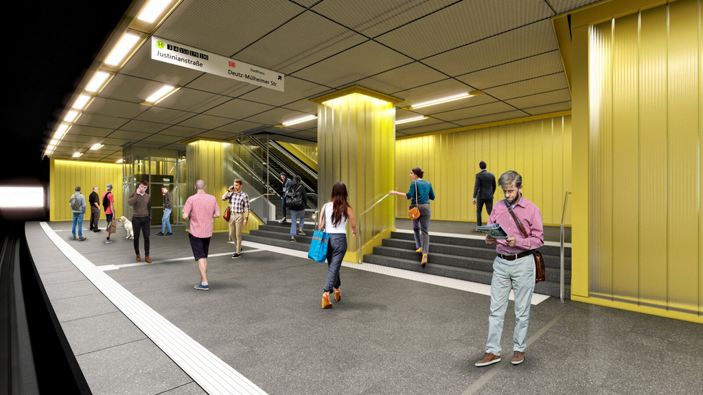 Gleisebene der Stadtbahnhaltestelle Bahnhof Deutz/Messe als Visualisierung. Zu sehen ist ein langes Gleis,  einige Menschen, Treppen, Rolltreppen und ein Aufzug die nach oben führen.