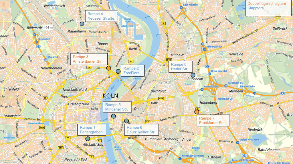 Zu sehen ist eine Karte in der die geplanten Rampen, welche jeweils mit einem Klapptor oder mit einem Doppelflügelschlagtor versehen werden sollen, eingezeichnet sind. Die Rampe 1 befindet sich am Perlengraben und die Rampe 2 am Zoo, sie werden als Klapptore geplant. Die Rampe 3 befindet sich an der Amsterdamer Straße und wird als Doppelflügelschlagtor geplant. Die Rampe 4 befindet sich an der Neusser Straße, die Rampe 5 an der Mindener Straße und die Rampe 6 an der Deutz-Kalker Straße, sie werden als Klapptore geplant. Die Rampe 7 befindet sich an der Frankfurter Straße und wird als Doppelflügelschlagtor geplant. Die Rampe 8 befindet sich an der Herler Straße und wird als Klapptor geplant.