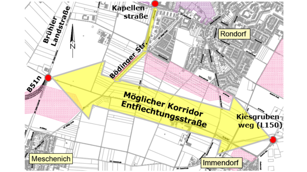 Grafik, auf der der mögliche Korridor für die Entflechtungsstraße eingezeichnet ist.