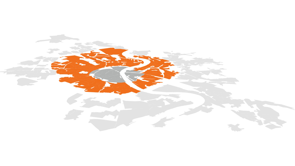 Illustration einer Karte des Kölner Stadtgebiets. Der Bereich zwischen Innenstadt und äußeren Stadtteilen ist orange markiert. Das ist die sogenannte Innere Stadt. Die übrigen Bereiche sind grau.