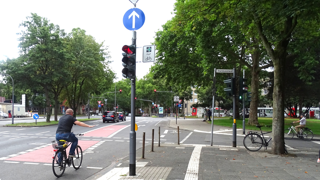 Radfahrer nutzt den Grünpfeil für den Radverkehr an der Kreuzung Ulrichgasse/Kartäuserwall