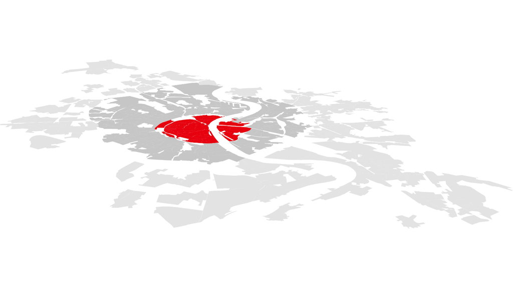 Illustration einer Karte des Kölner Stadtgebiets. Die Innenstadt ist rot markiert, die übrigen Bereiche sind grau.