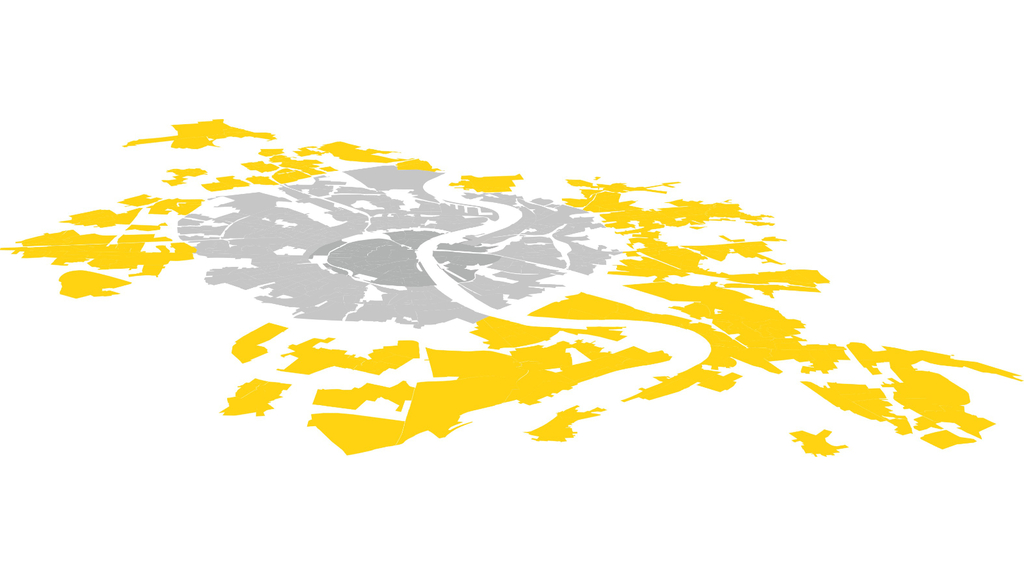 Illustration einer Karte des Kölner Stadtgebiets. Die äußeren Stadtteile sind gelb markiert, die übrigen Bereiche sind grau.