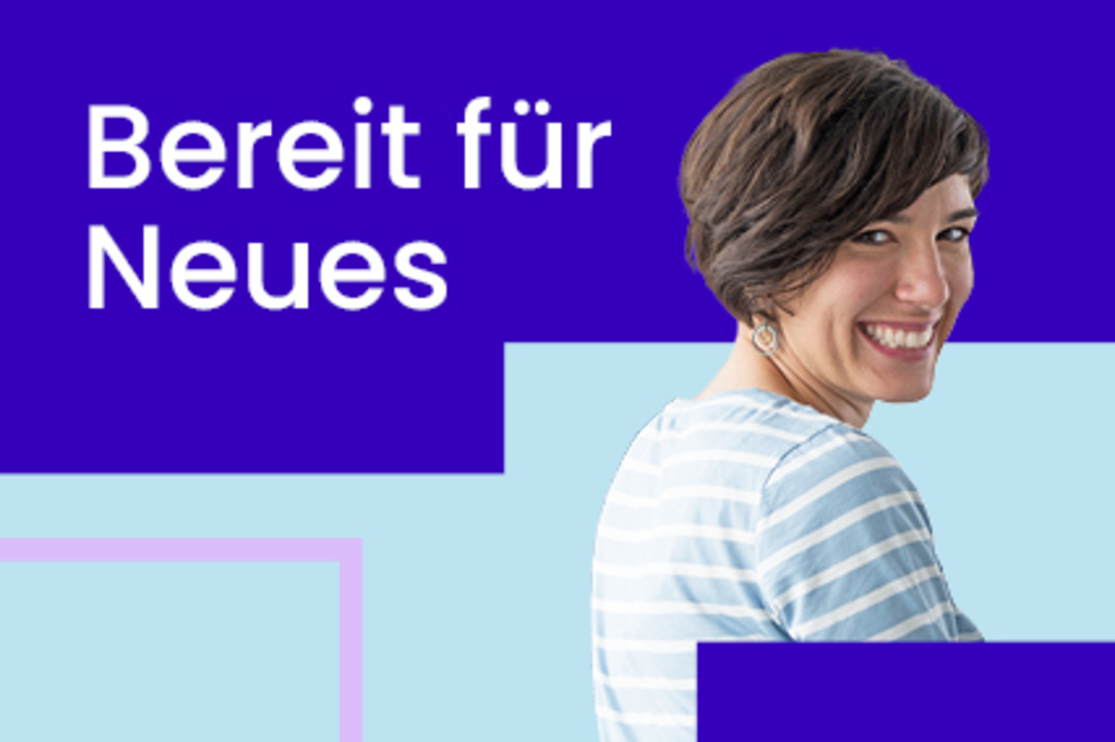 Hintergrund dunkellila/hellblau als Wege, darauf eine Frau, die lachend über die Schulter schaut, helllila Pfad durch das Bild, Schriftzug "Bereit für Neues", Link auf Kölner VHS