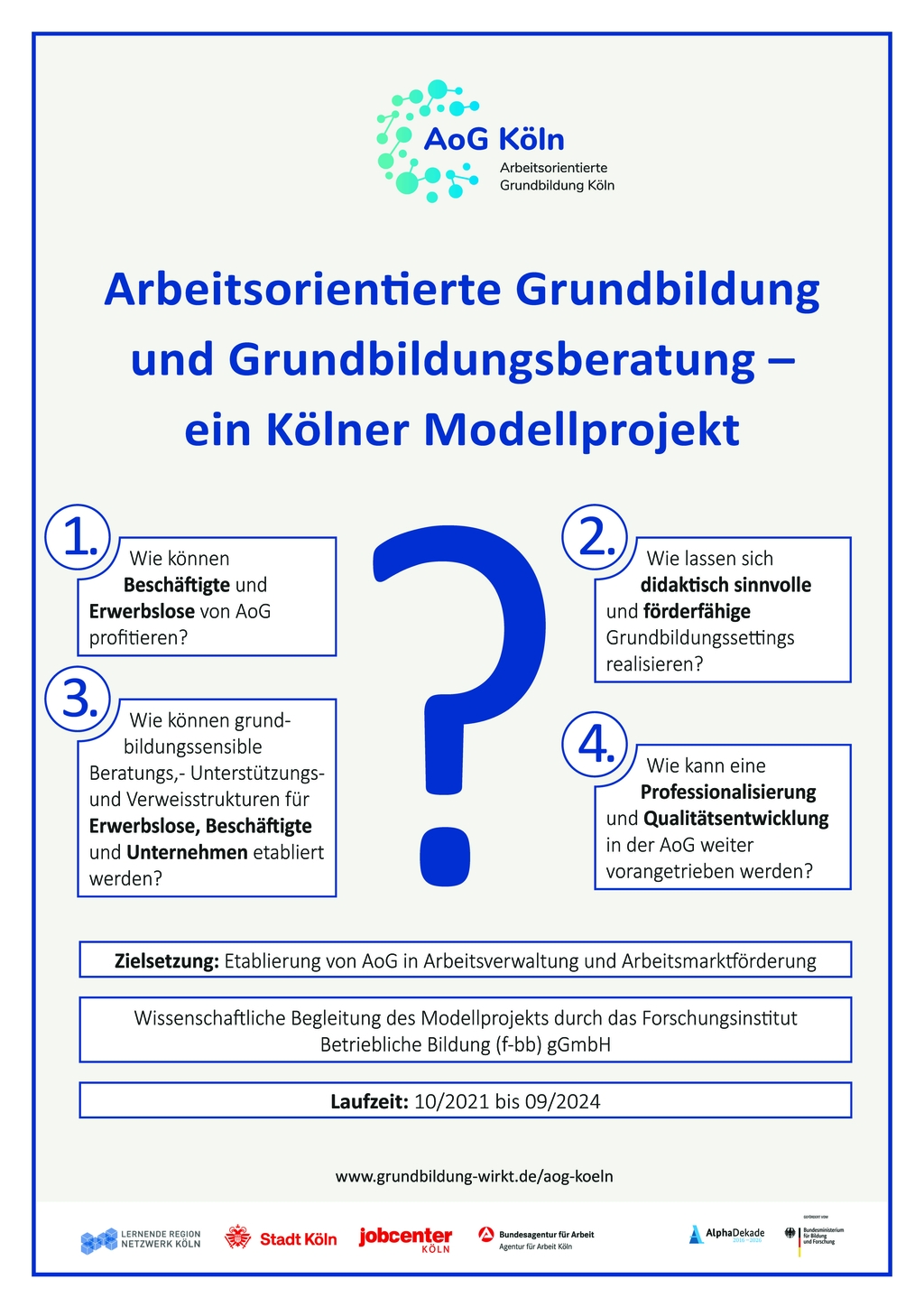 AoG Projektplaket zum Thema Arbeitsorientierte Grundbildung und Grundbildungsberatung – ein Kölner Modellprojekt