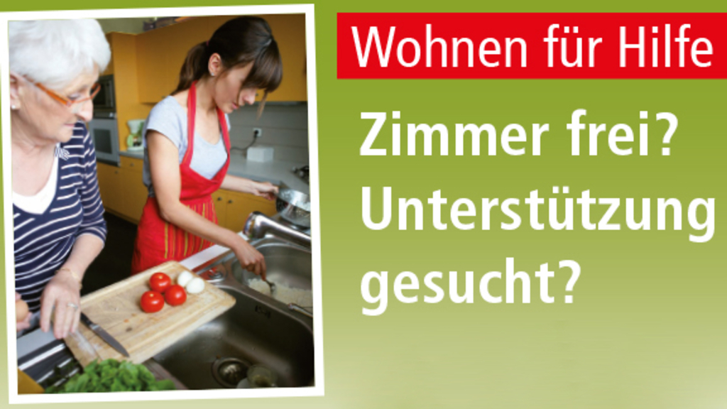 Wohnen für Hilfe Zimmer frei? Unterstützung gesucht? Bild: junge Frau hilft Seniorin beim kochen, Link auf Wohnen für Hilfe