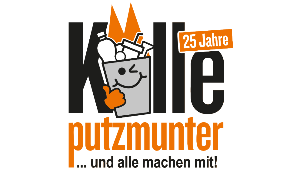 Schriftzug Kölle Putzmunter 25 Jahre ... und alle machen mit! In der Mitte befindet sich eine Grafik eines gefüllten Mülleimers. 