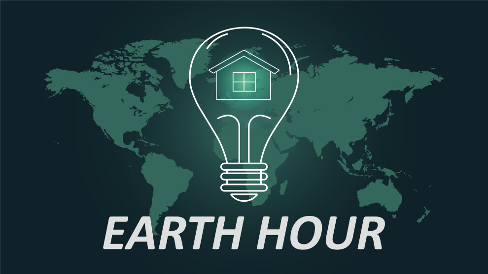 Illustration einer Weltkarte. Darauf abgebildet ist eine Glühbirne und ein Haus. Darunter der Schriftzug EARTH HOUR.