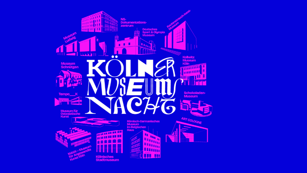 Visual zur Köner Museumsnacht. Das Plakat ist lila, die Kölner Museumsgebäude sind in pink abgebildet.