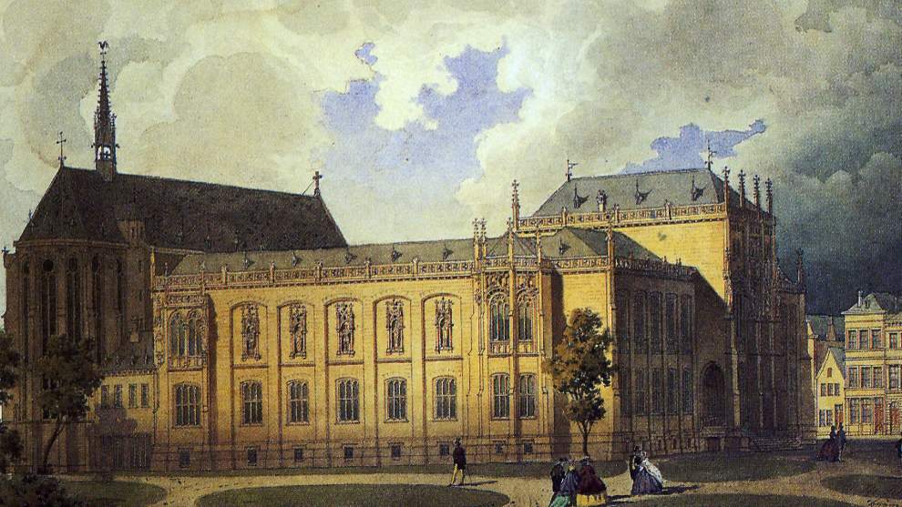 Aquarell-Gemälde, das das Wallraf-Richartz-Museumsgebäude von 1861 zeigt