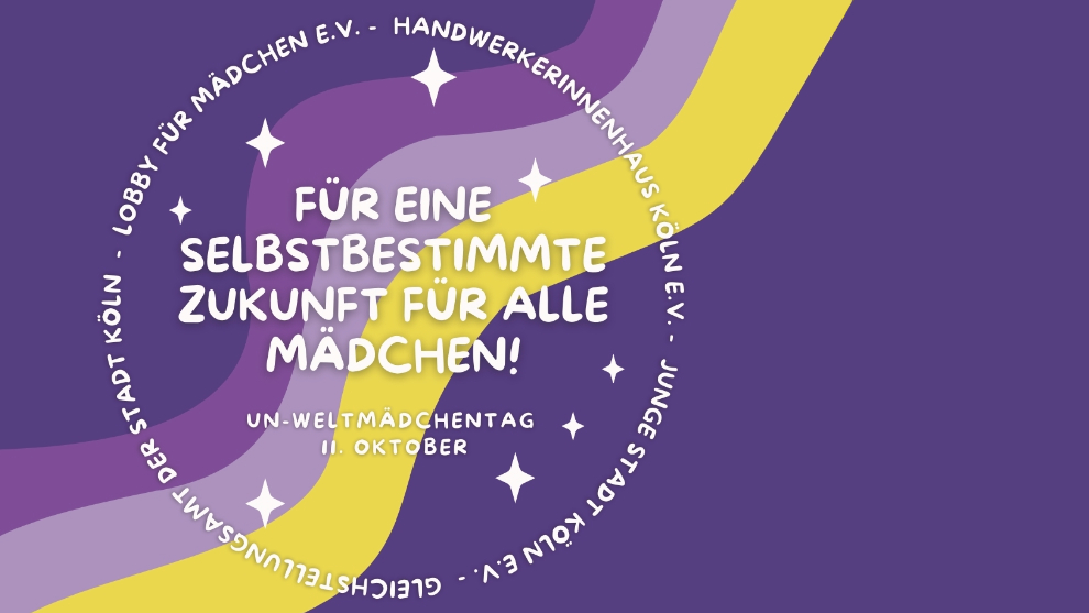 Logo Weltmädchentag vor lilafarbenem Hintergrund