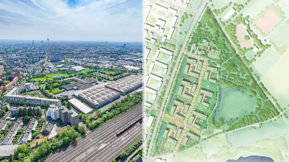 Luftaufnahme Neue Quartier Bickendorf und Planskizze Machbarkeitsstudie Neubrücker Ring