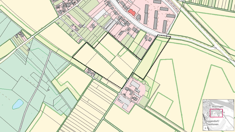 Kartenausschnitt aus der Anwendung Bauleitplanung Online. Zu sehen der Ausschnitt Brombeergasse in Köln-Worringen.