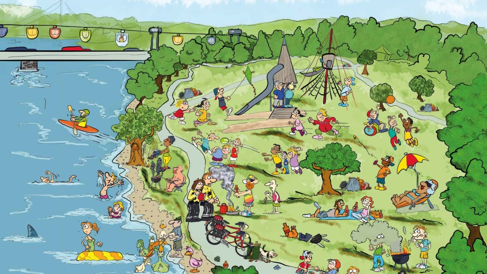 Wimmelbuchabbildung: Die Szene zeigt verschiedene Personen am Rhein die Schwimmen, Grillen, sich sonnen oder spielen. Zwei Mitarbeitende des Ordnungsamtes sind ebenfalls zu sehen. Sie kontrollieren das Geschehen. 