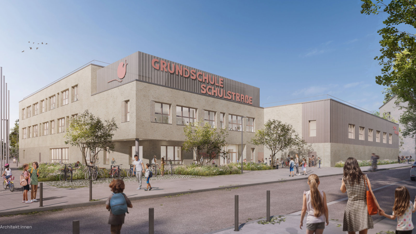 Architekturvisualisierung des Neubau Grundschule Schulstraße: zweigeschossiges Gebäude mit grauem Klinker