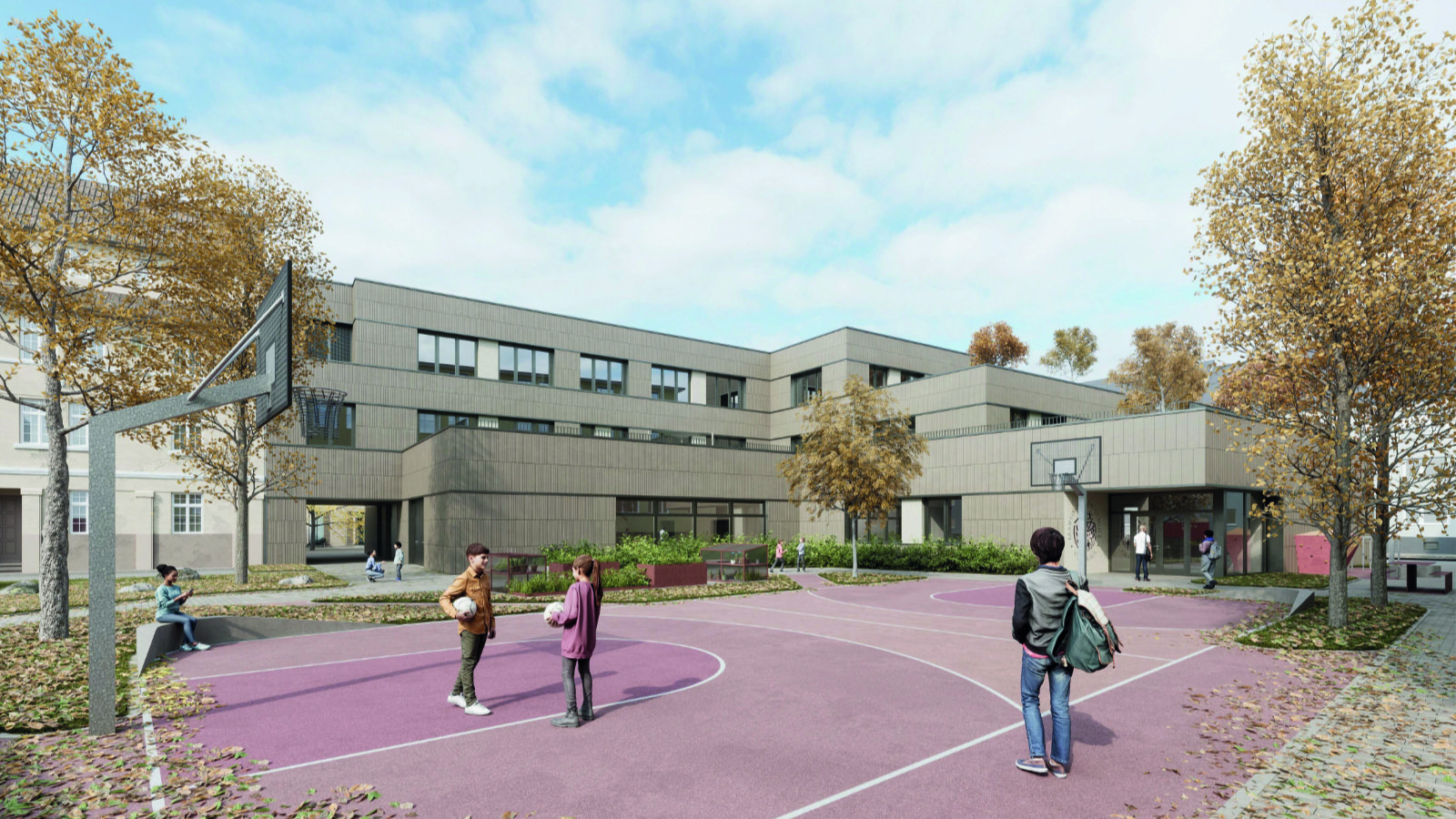Visualisierung eines terrassenförmigen Gebäudes mit mehreren Vorsprüngen, umgeben von vier Bäumen. Im Vordergrund ein Sportplatz mit Basketballkörben und vier Kindern und Jugendlichen.