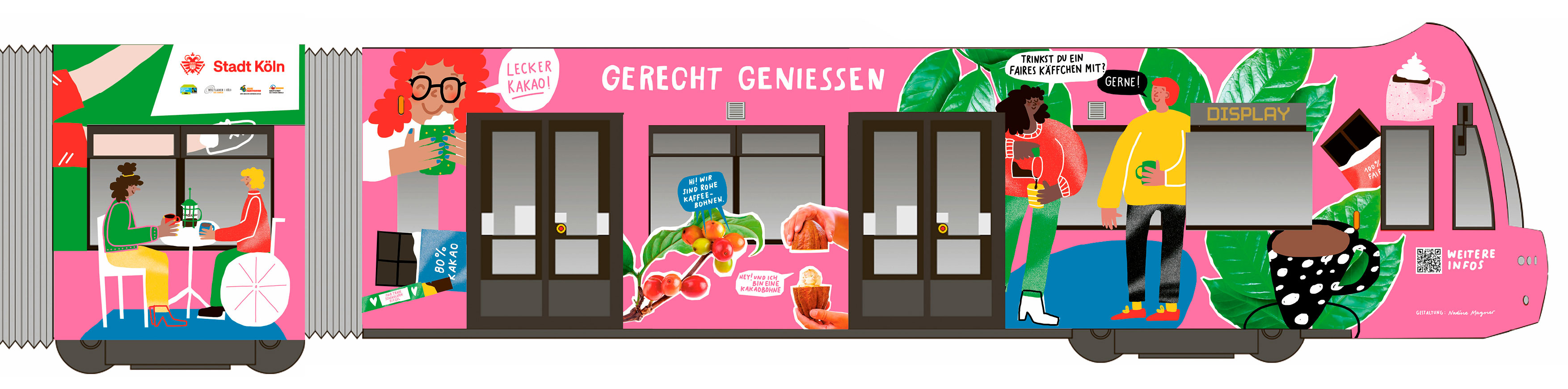 Bunte KVB Bahn mit Motiven des fairen Handels