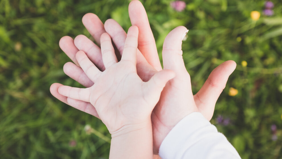 Junge Familie hält Hände zusammen über einer Blumenwiese