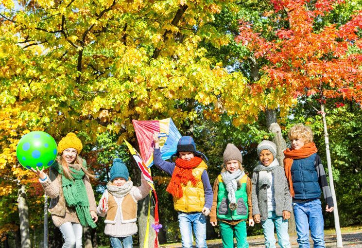Kinder stehen vor einem Herbstwald und lassen Drachen steigen, © drubig-photo – stock.adobe.com