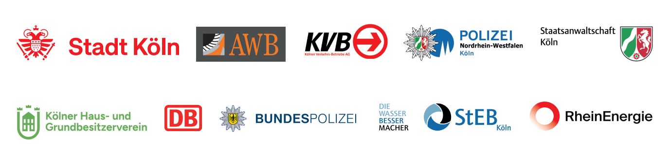 Logos der Kooperationspartner von KASA: Stadt Köln, Abfallwirtschaftsbetriebe AWB, Kölner Verkehrsbetriebe KVB, Polizei NRW, Staatsanwaltschaft Köln, Kölner Haus- und Grundbesitzerverein, Bundespolizei, Stadtentwässerungsbetriebe StEB Köln, RheinEnergie