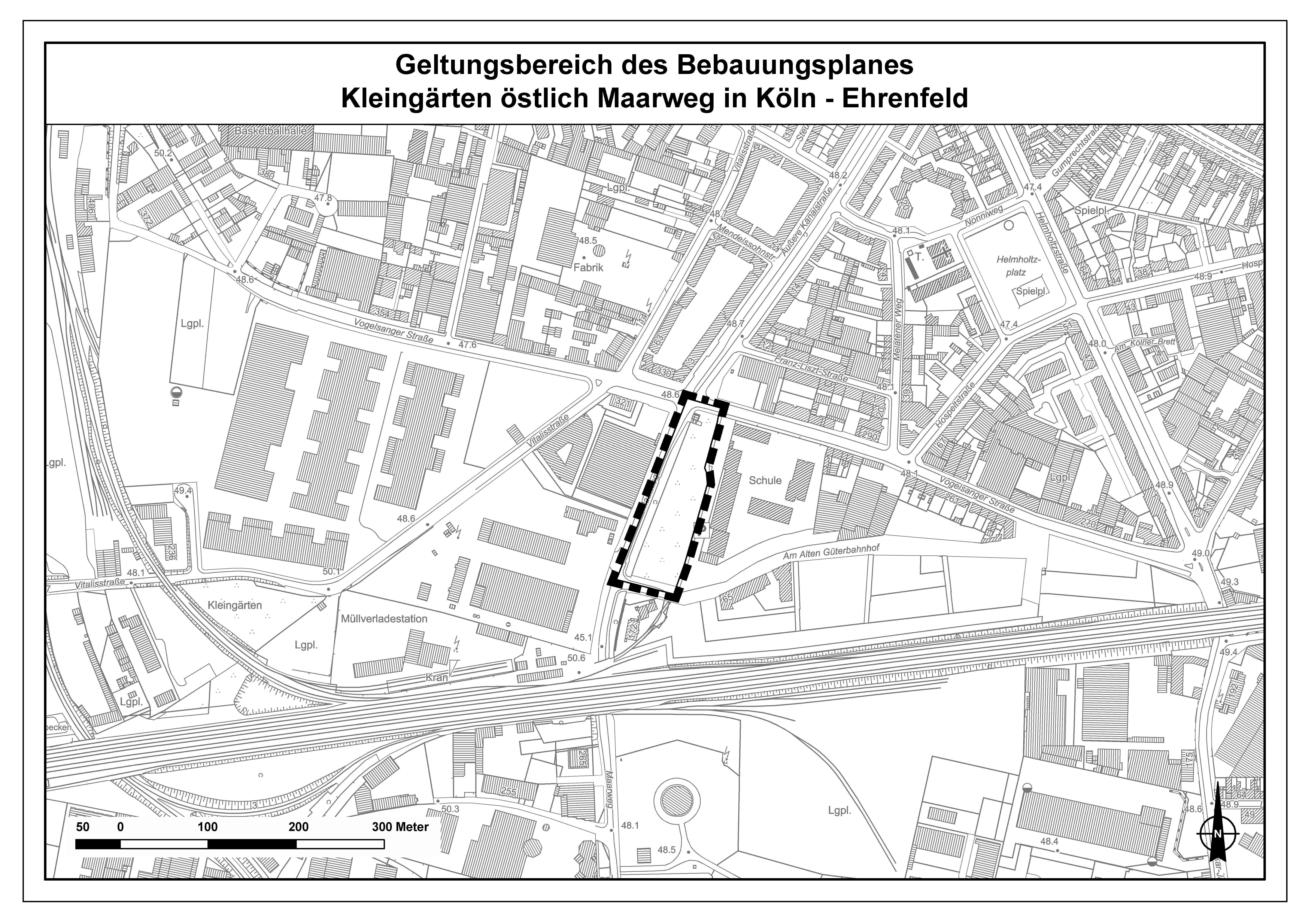 Geltungsbereich des Bebauungsplans Kleingärten östlich Maarweg in Köln-Ehrenfeld