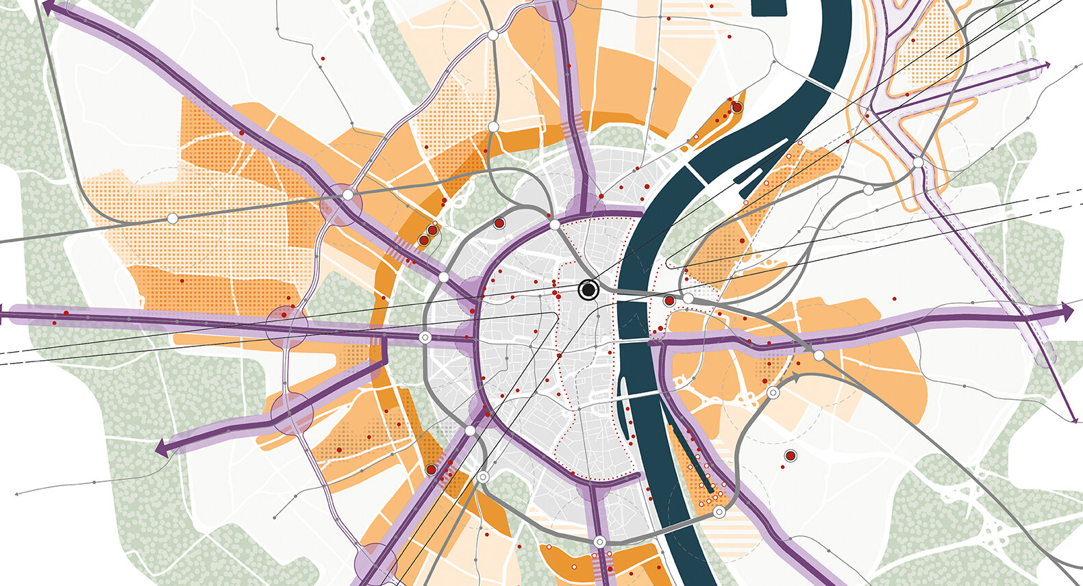 Übersichtsplan des Stadtgebietes mit Markierung der Hochhäuser