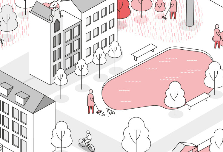 Piktogramm mit Häusern und Menschen im Kölner Wohn- und Freizeitzonen, © Urban Media Project