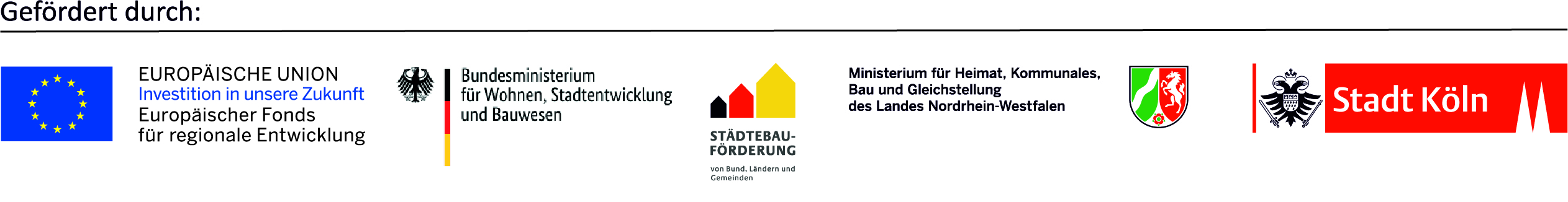 Logoleiste mit Logos EU, Bund, Städtebauförderung, NRW und der Stadt Köln