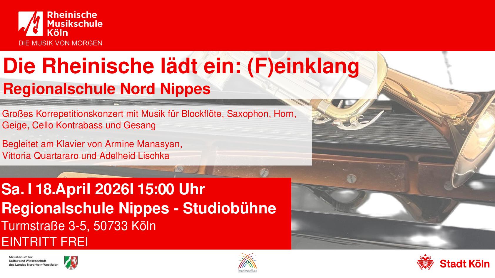 Im Hintergrund eine Trompete mit Flügel, im Vordergrund Ankündigungstext für das Konzert