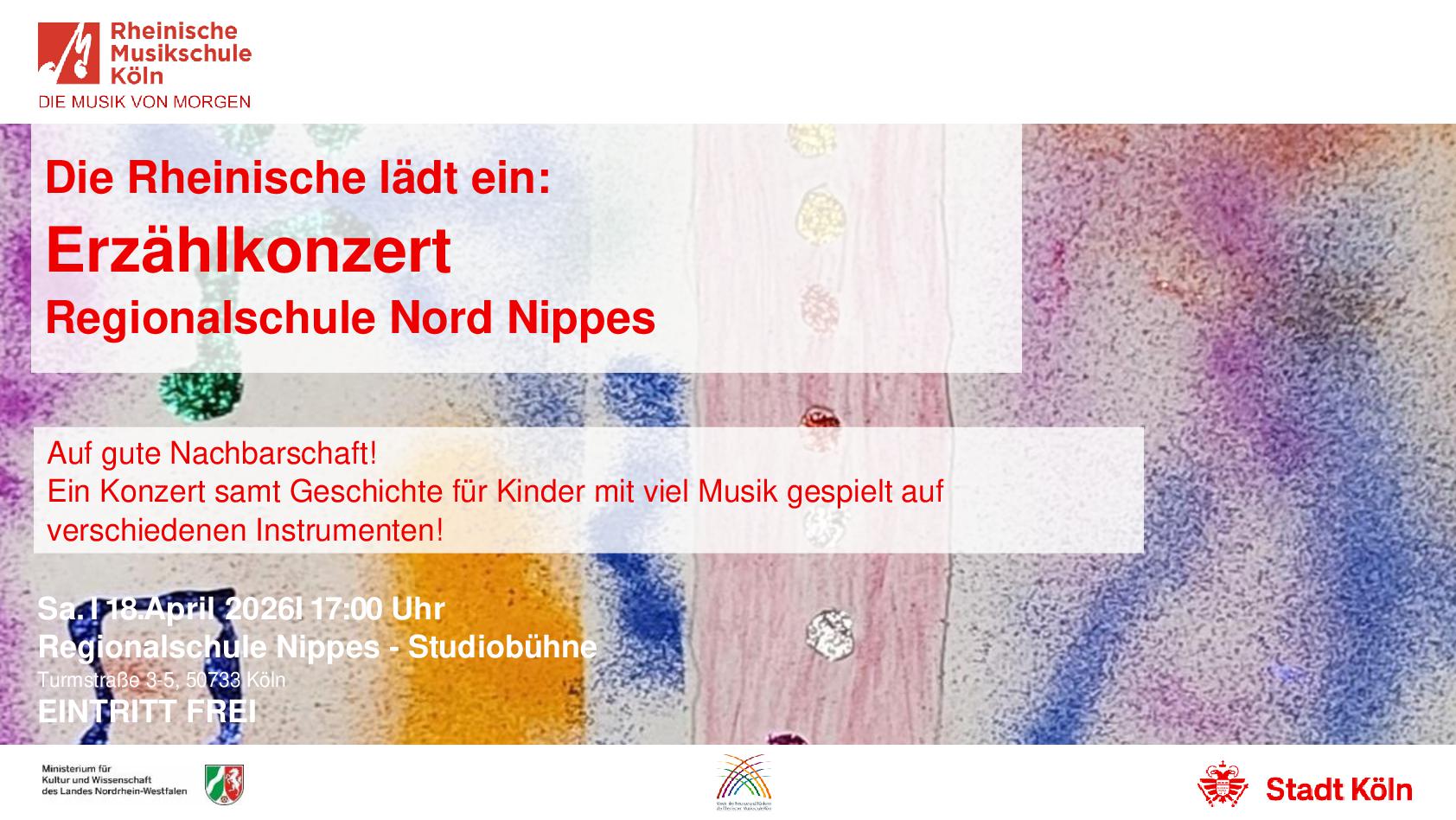 Im Hintergrund buntes Kinderbild mit Noten, im Vordergrund Ankündigungstext für das Konzert