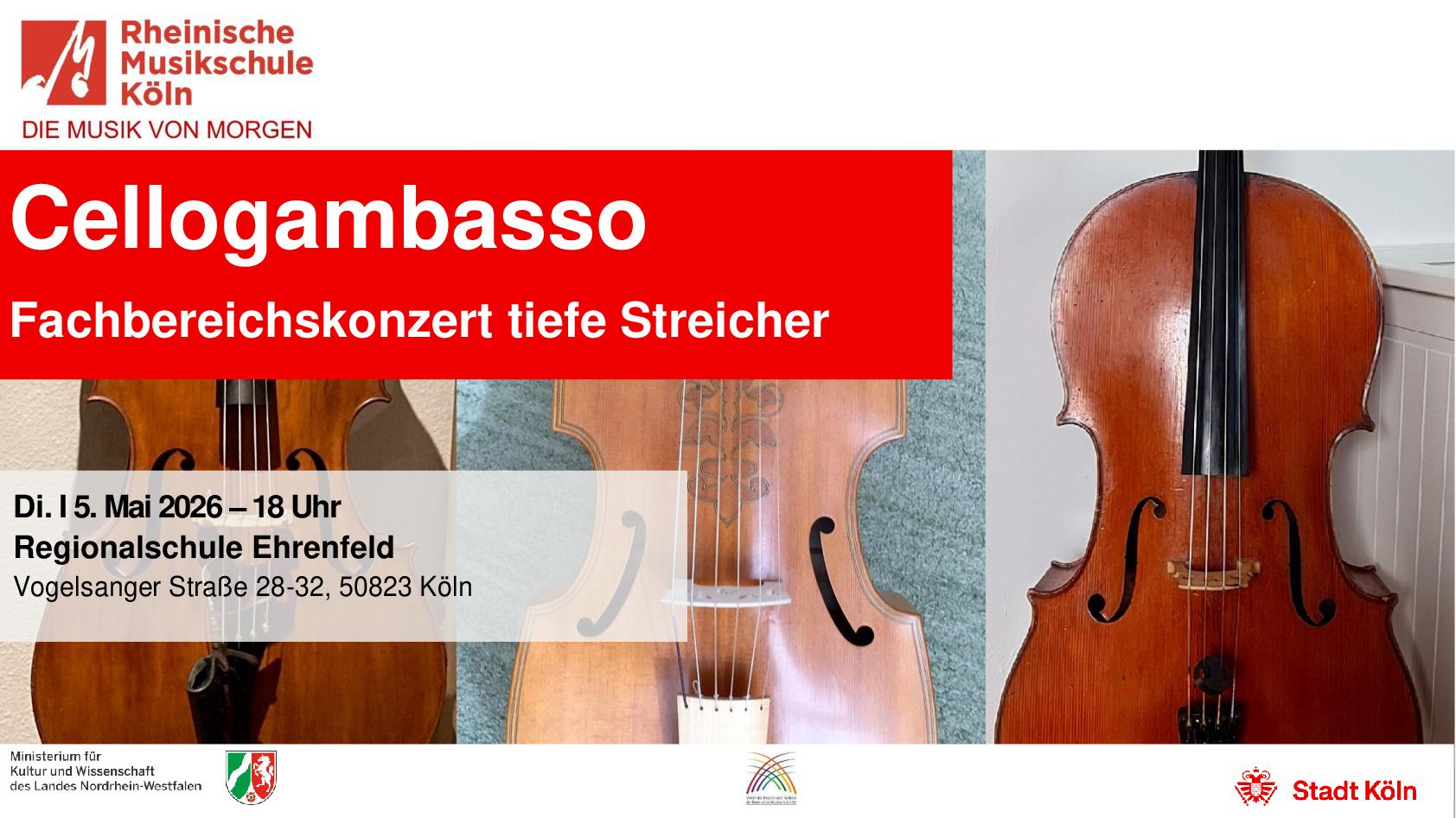 Im Hintergrund Kontrabass, Gambe und Cello, im Vordergrund Ankündigungstext für das Konzert
