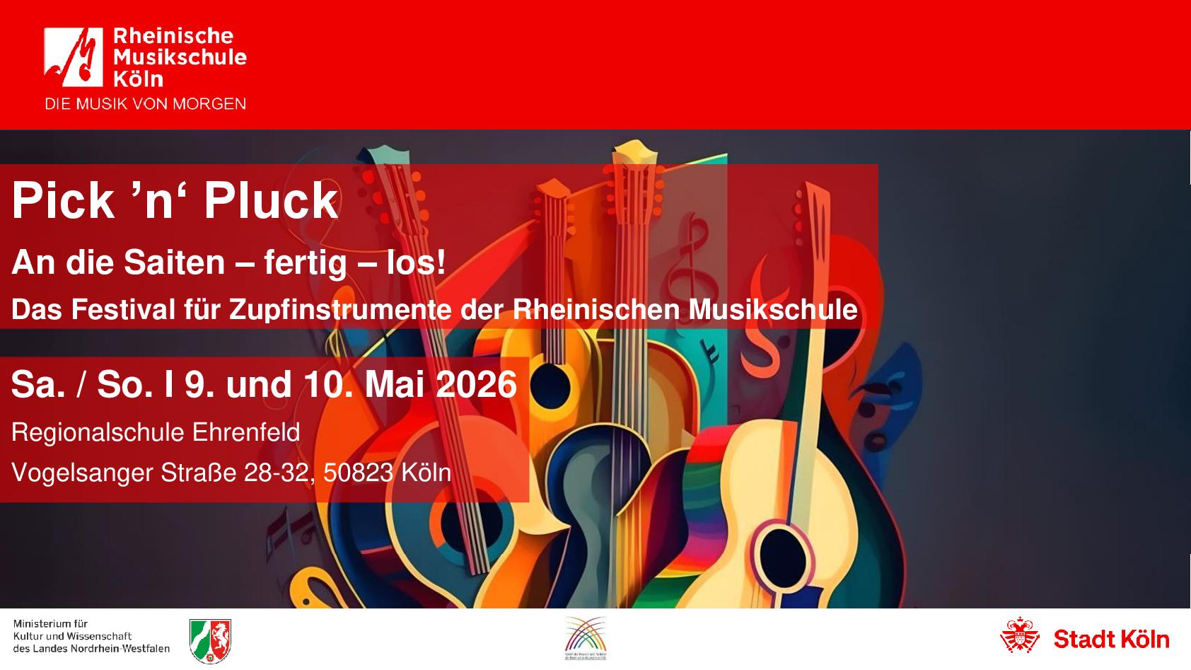 Im Hintergrund farbige Grafik mit Gitarren, im Vordergrund Ankündigungstext für das Konzert