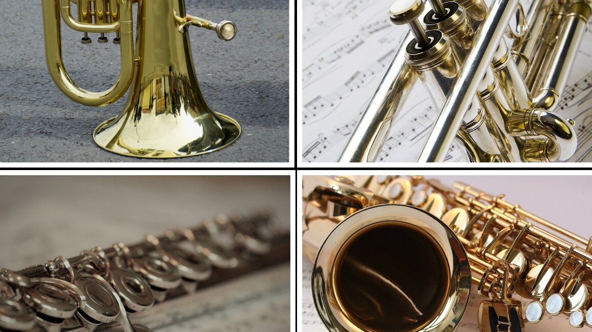 Collage aus Bildern von Blasinstrumenten