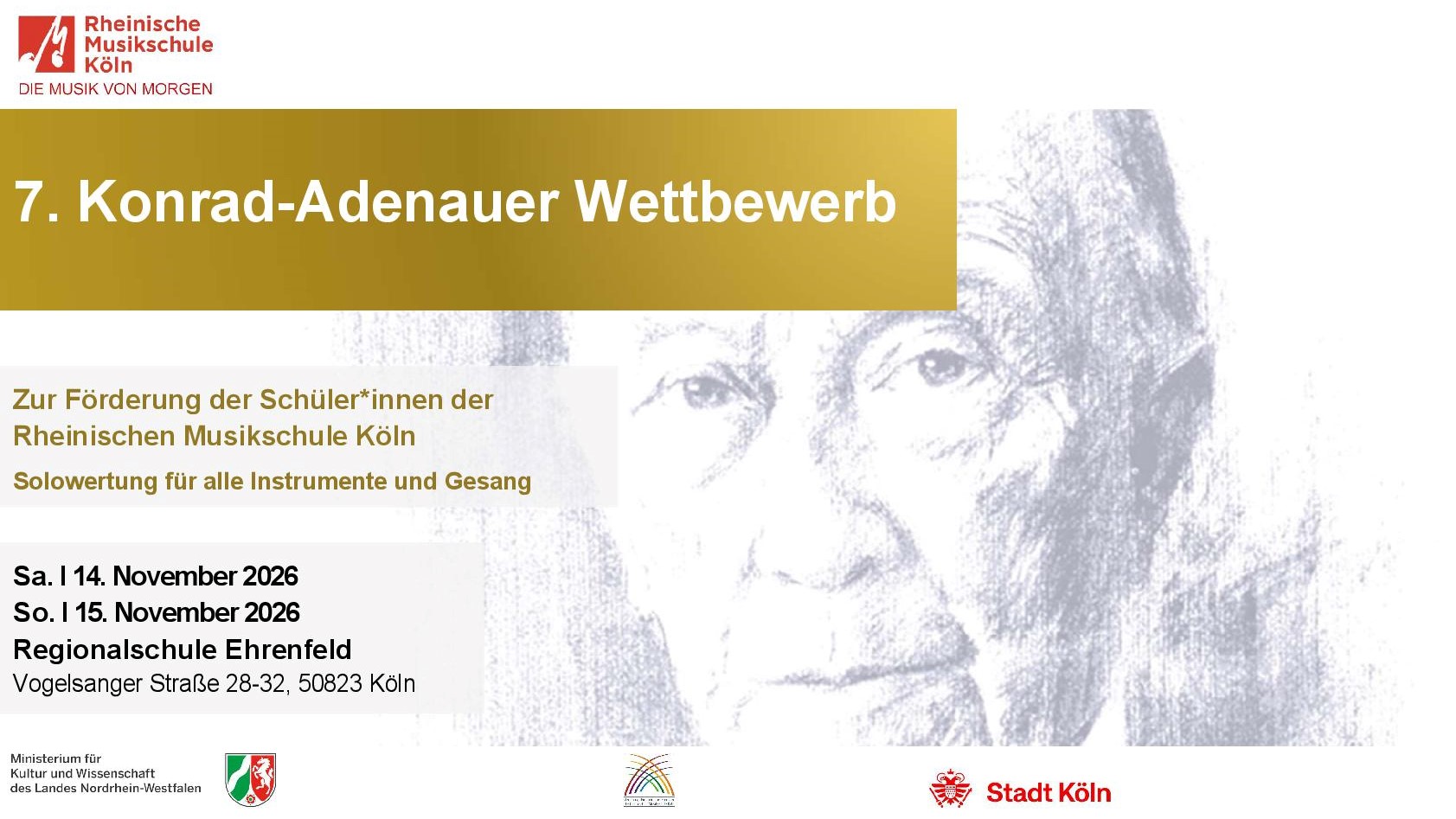 Im Hintergrund Bleistiftportrait von Konrad Adenauer von Helga Tiemann, im Vordergrund Ankündigungstext für den Konrad-Adenauer-Wettbewerb 2026