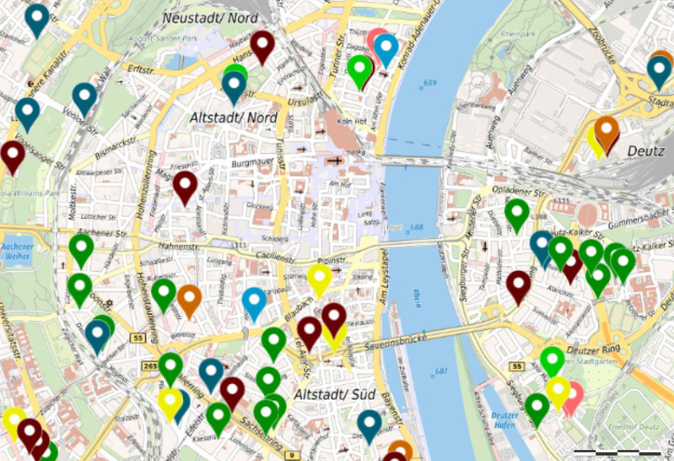 Kartenausschnitt mit markierten Schulen, © Stadtkarte 2.0 Regionalverband Ruhr und Kooperationspartner (Lizenz: dl-de/by-2-0), Datengrundlagen: ALKIS, ATKIS - Land NRW/Katasterämter (Lizenz: dl-de/zero-2-0) und OpenStreetMap (License: ODbL) | Stadt Köln