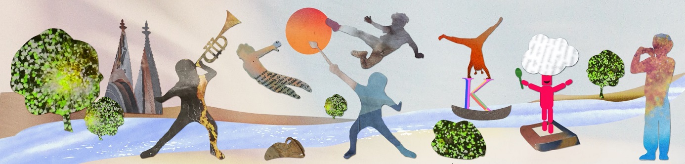 künstlerische Illustration in Pastellfarben: Entlang einer Flusslandschaft praktizieren collagierte Figuren verschiedene Künste