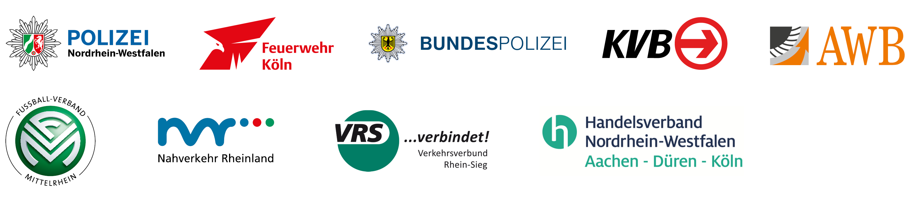 Logoleiste Polizei, Feuerwehr, KVB, AWB, Fußballverband Mittelrhein, NVR, VRS, Handelsverband NRW