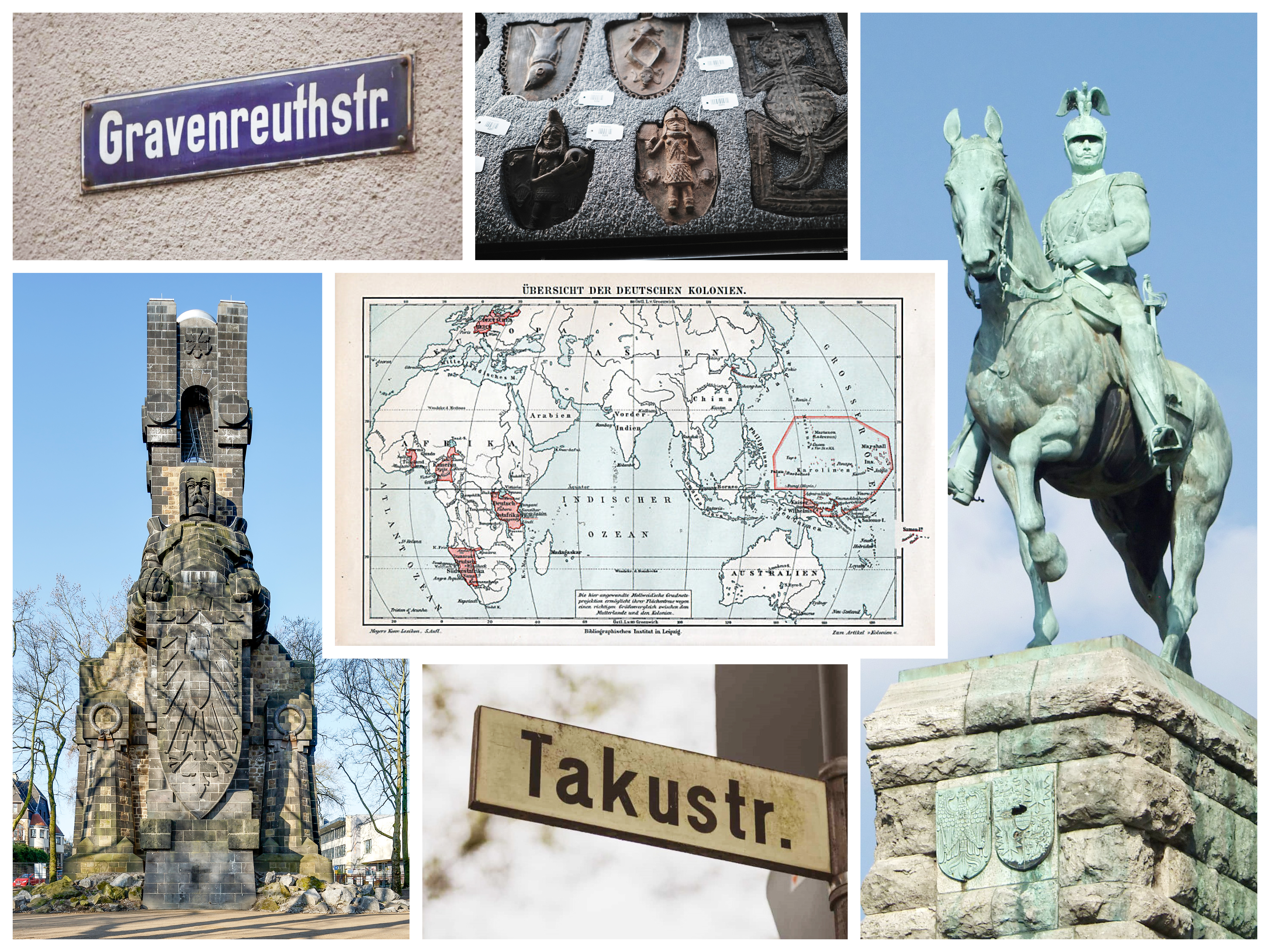 Spuren des Kolonialismus im öffentlichen Raum: die Straßennamen Gravenreuthstraße und Takustraße, ein Bismarck-Denkmal, ein Reiterstandbild von Kaiser Wilhelm II. , © Francis Oghuma, Salman Abdo - In-Haus Media 2020, Meyers Konversationslexikon, Raymond Spekking / CC BY-SA 4.0