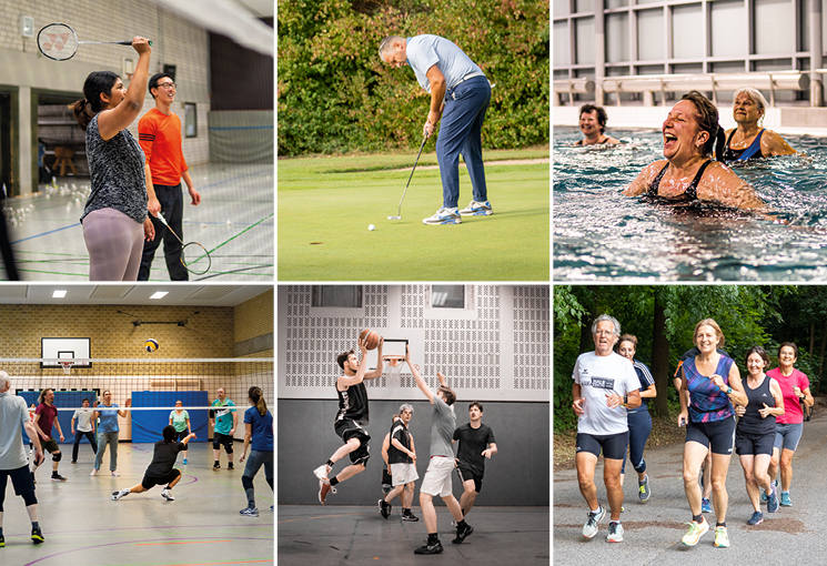 Eine Collage mit Sportarten, die die BSG Stadt Köln anbietet. Obere reihe von links nach rechts: erstes Bild: Ein Mann und eine Frau stehen mit Badmintonschläger an einem Netz in der Halle; 2. Bild: Ein Mann auf einem Grün mit Golfschläger beim putten; 3. Bild: drei Frauen im Wasser beim Aquafit; untere Reihe von links nach rechts: erstes Bild: eine Gruppe Menschen spielt Volleyball in einer Halle; 2. Bild: eine Gruppe junger Männer spielt Basketball in einer Halle; 3. Bild: Merhere Menschen joggen auf einer Straße, © BSG Stadt Köln