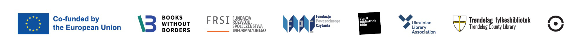 Logos der Projektpartner*innen: Europäische Union / Books without borders / Fundacja Rozwoju Społeczeństwa Informacyjnego / Fundacja Powszechnego Czytania / Stadtbibliothek Köln / Ukrainian Libary Association / Trøndelag fylkesbibliotek