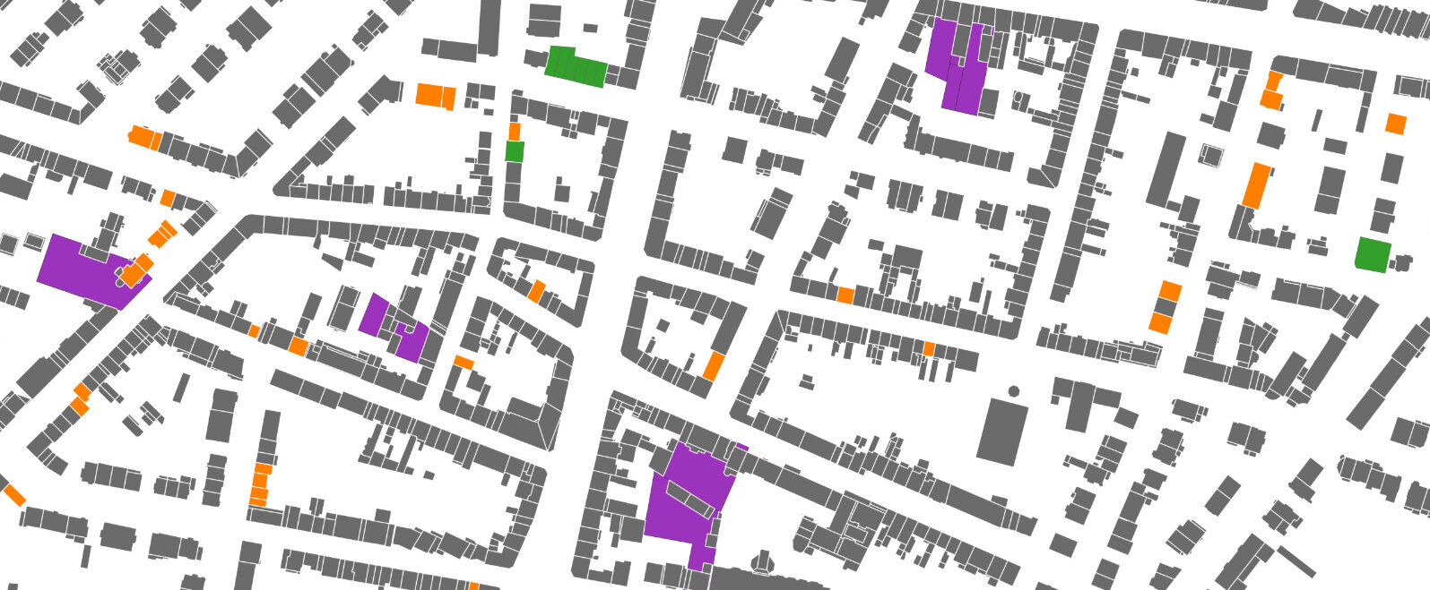 Das Bild zeigt einen beispielhaften Ausschnitt aus der Anwendungsoberfläche des Baupotenzialregisters in dem Baupotenziale in unterschiedlichen Farben eingezeichnet sind. 
