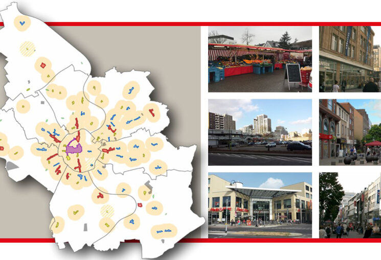 Das Bild hebt auf einer Köln-Karte die einzelnen  Einzelhandels- und Geschäftszentren hervor. Demgegenüber stehen beispielhafte Fotos dieser Zentren und Wochenmärkte., © Stadt Köln