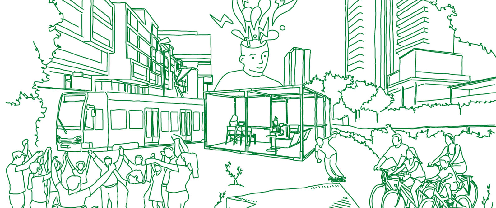 Die Grafik zeigt eine illustration vieler verschiedener Personen, die am Kölner Stadtleben teilhaben.